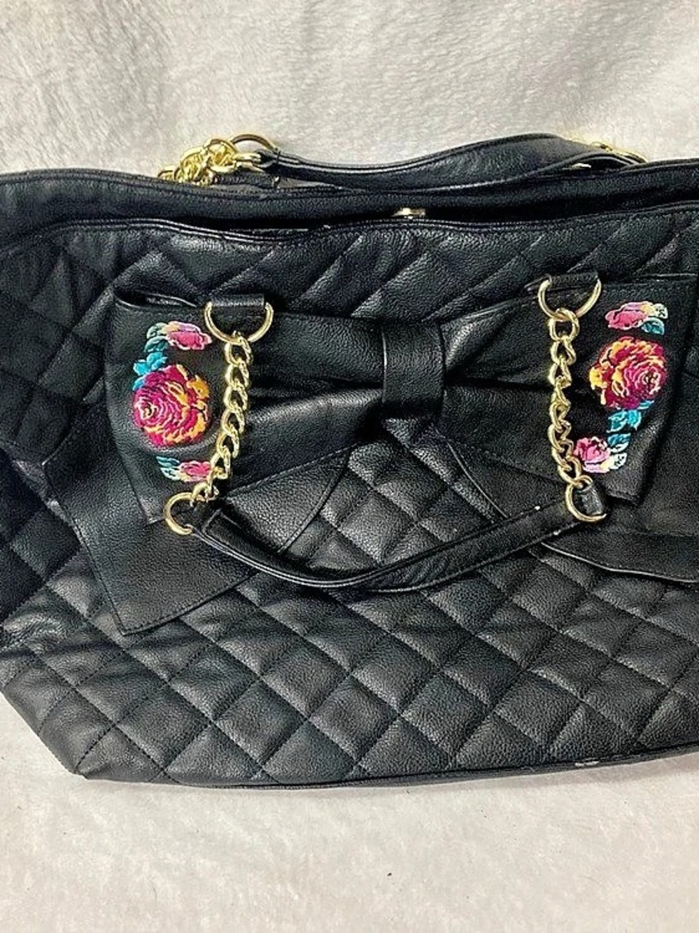 Betsey Johnson Quilted Floral Tote in Black & Gold